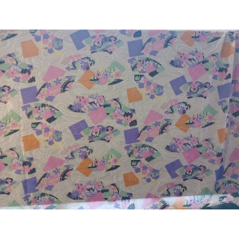 Vintage Japanese Fan‎ & Floral Print Scarf 34" Square – Pastel Kimono Style